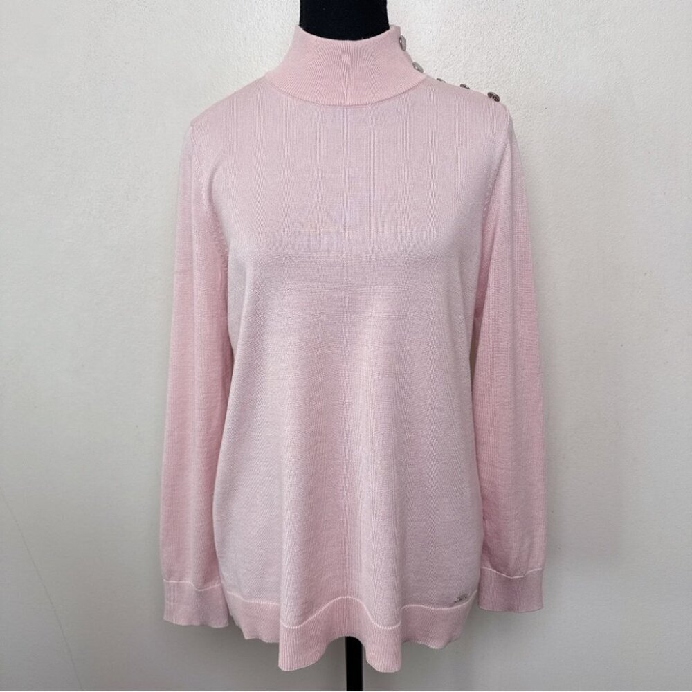 Calvin Klein Womens Medium Button Shoulder Pink Mock Neck Sweater